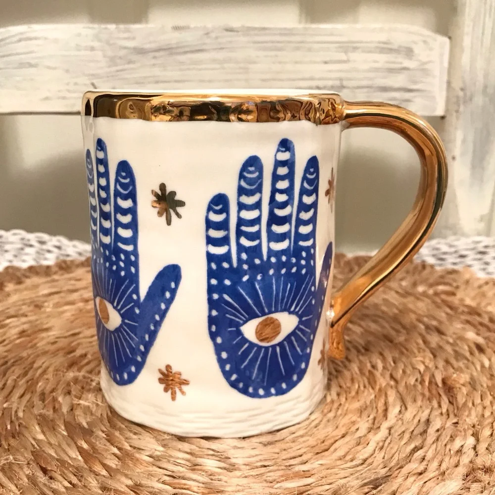 Anthropologie Insight Hamsa Hand Evil Eye Stoneware Mug Mystical Boho